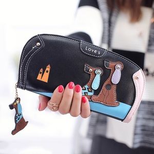 Silly Cartoon Dog Black Vegan Leather Clutch Wallet